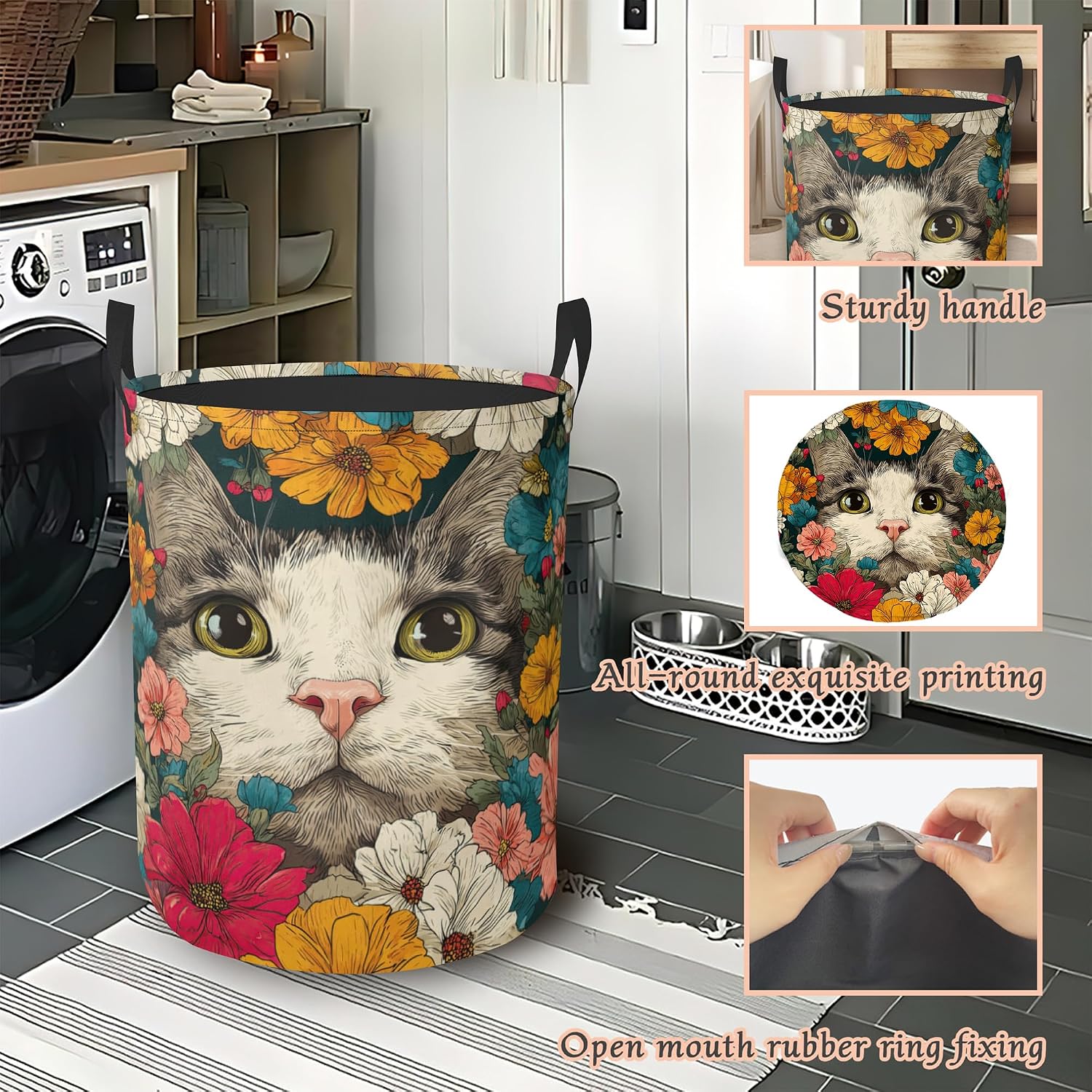 Cute Cat Laundry Hamper,Flower Floral Collapsible Laundry Basket with Handles Waterproof Storage Bin for Clothes Books Organizer Basket for Bedroom Bathroom Dormitories 16" x 20.8" image 3