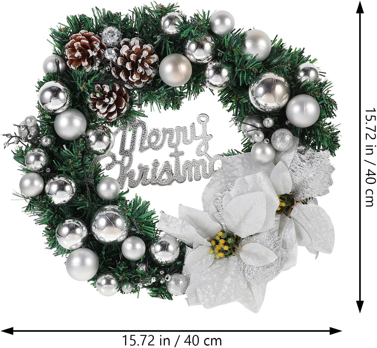 Generic Luminous 40cm Silver LED Artificial Christmas Wreath Garland Decoration, Battery-Operated Floral Holiday Hanging Decor for Home and Bedroom Festive Accent