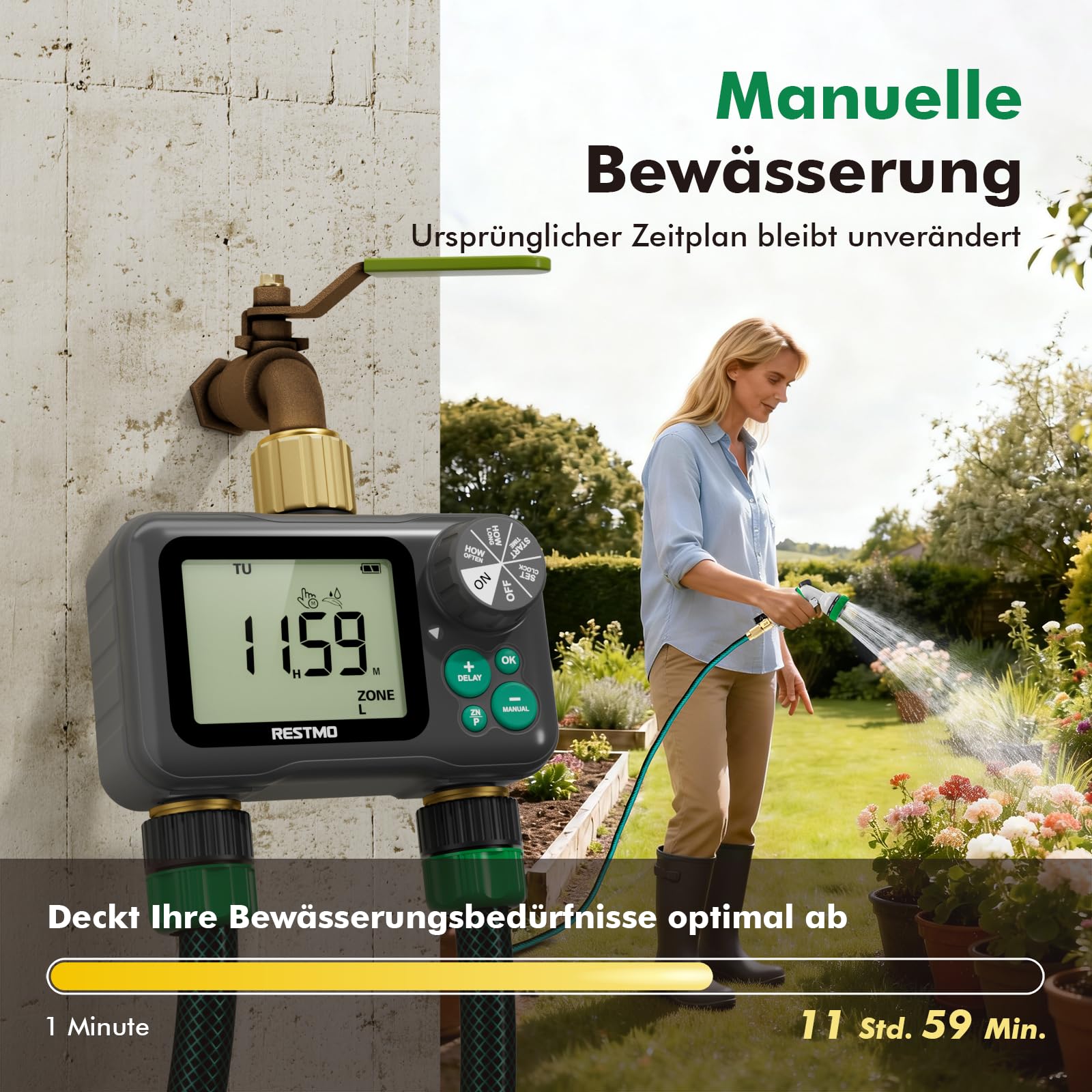 RESTMO Ordenador de riego RF de 2 zonas, temporizador de riego con mando a distancia | Automático/manual/retardo de lluvia, para manguera de jardín y grifo exterior, riego de césped