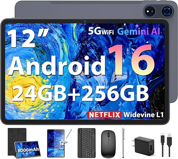Tablet 2026 Android 16, de 12 pulgadas con teclado, 24GB+256GB+2TB expandible | PC tableta electrónica con 2K Gemini AI, 8000mAh, Octa-Core, GMS, GPS, tableta grande 2 en 1 con funda, mouse y lápiz (Negro)