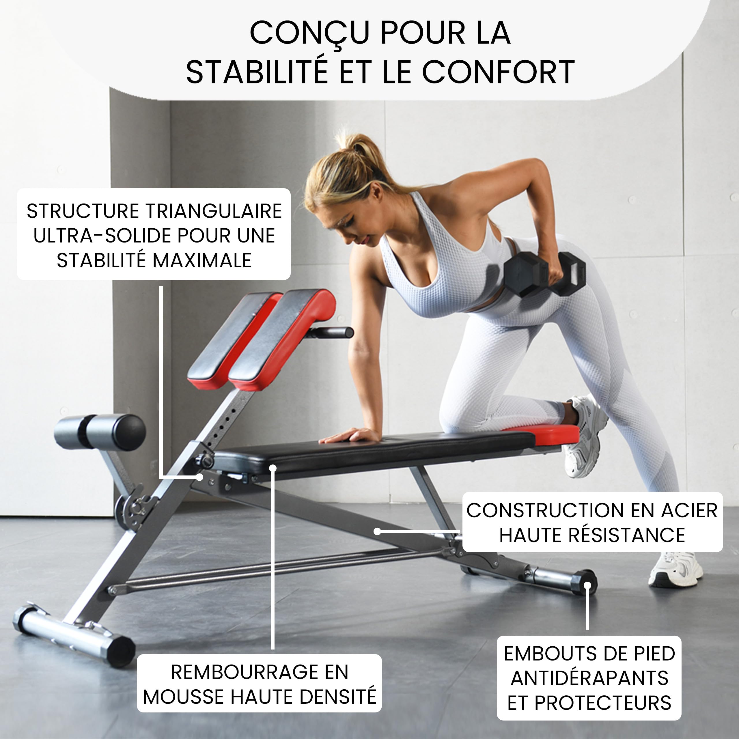 Finer Form – Banc multifonction pour entraînement complet du corps tout en un – Extension du dos – Chaise romaine, abdos réglable – Banc de musculation