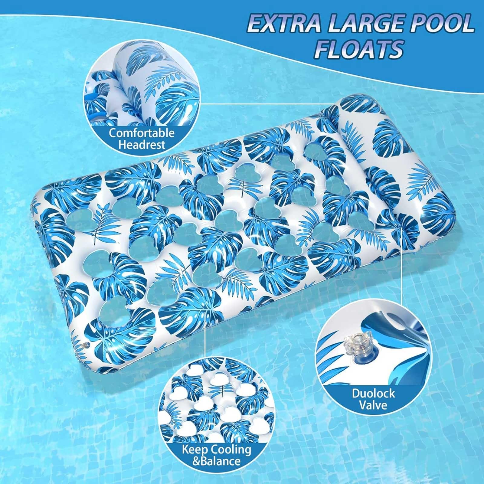 Hamac de piscine gonflable 4 en 1, chaise longue flottante avec appuie-tête, en PVC, 165 × 83 cm, parfait pour l'été, la plage et la piscine relaxation