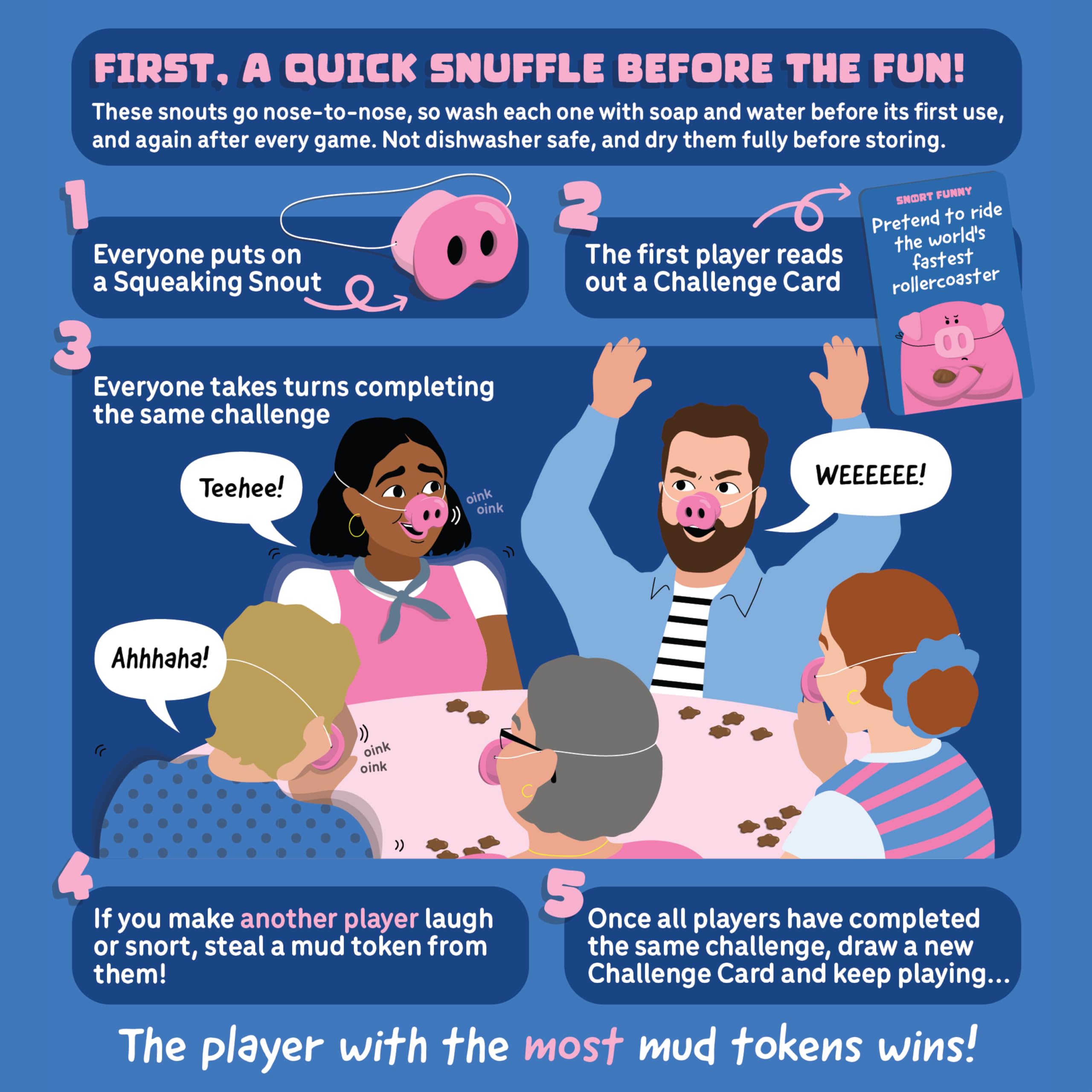 Snort Funny – El Increíble Te Ríes Te Pierdes Juego de Fiesta, Juegos Familiares Para Niños y Adultos Con 150 Tarjetas de Desafío, 5 Focicos de Cerdo y Fichas de Lodo, Juegos Divertidos Para Amigos y