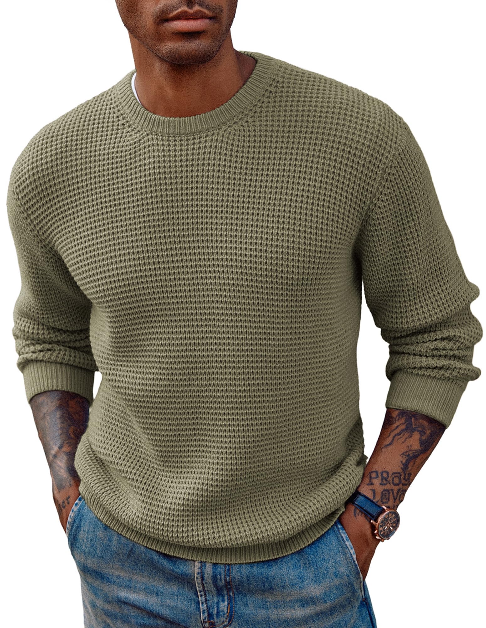 PJ PAUL JONES Pullover Herren Grobstrick Strickpullover mit Rundhals Winterpullover Waffelstruktur Langarm Hellgrün M