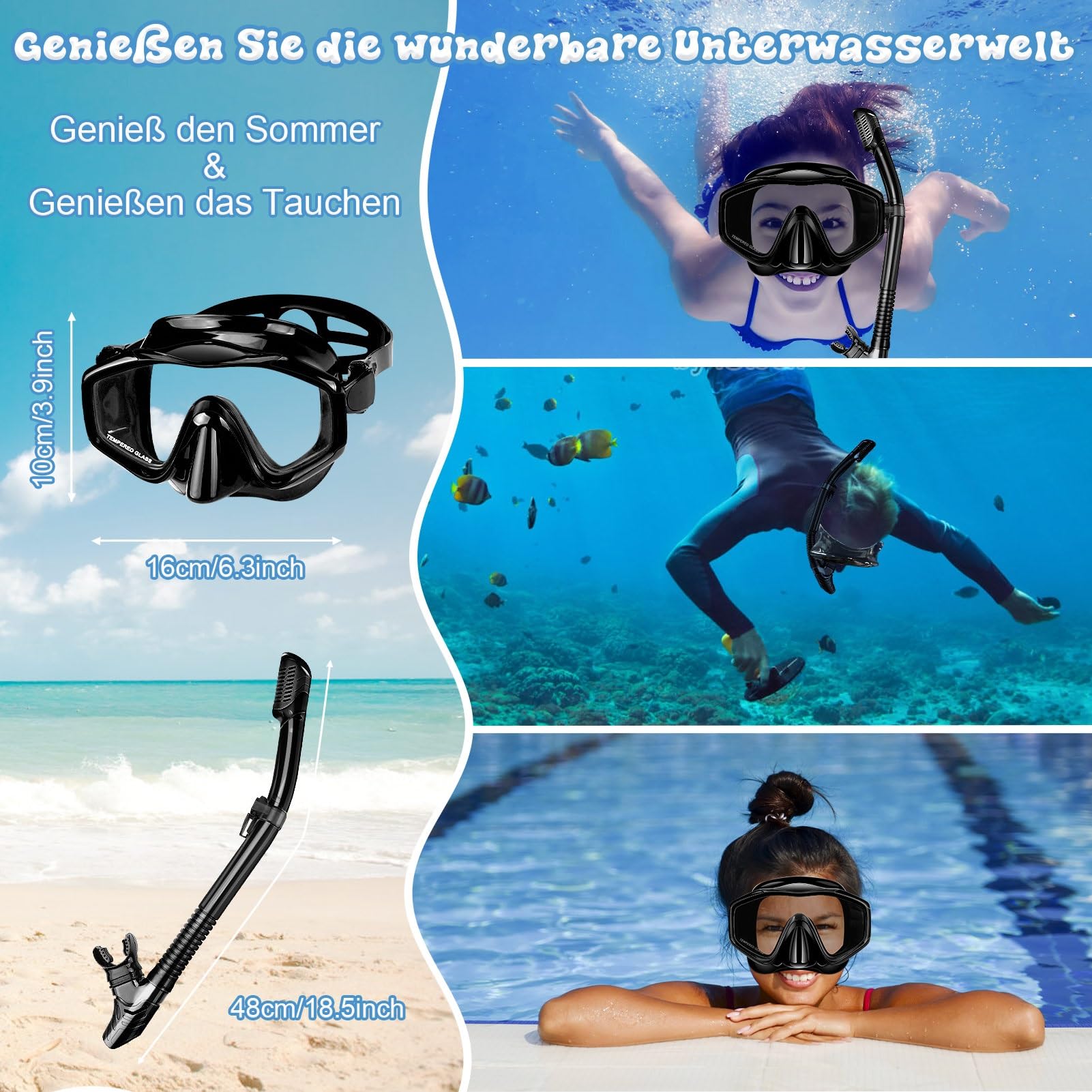 MILFECH Schnorchelset Erwachsene, SchnorchelnSet mit Taucherbrille und Trocken Schnorchel,Anti-Fog Anti-Leck Schnorchelmaske aus Gehärtetem Glas,für TauchenSchnorcheln Schwimmen,DrySchnorchel(Schwarz)