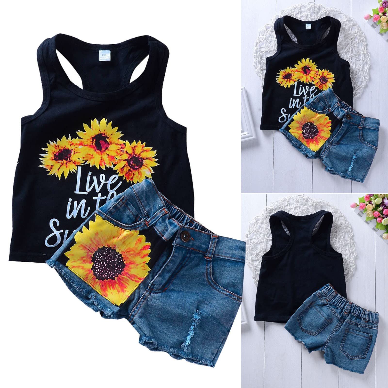 Ropa de Girasol para niños, Chaleco Estampado de Verano para niñas, Pantalones de Mezclilla, Tops, Tirantes Florales, Pantalones Cortos, Diademas, Trajes Traje De Baño Completo De
