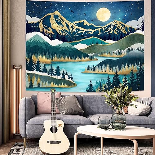 Miniatura 8 de Neasow Tapiz de luna de montaña, bosque natural, árbol, lago, paisaje, estrellas, noche estrellada, decoración de pared azul azulado para el hogar,