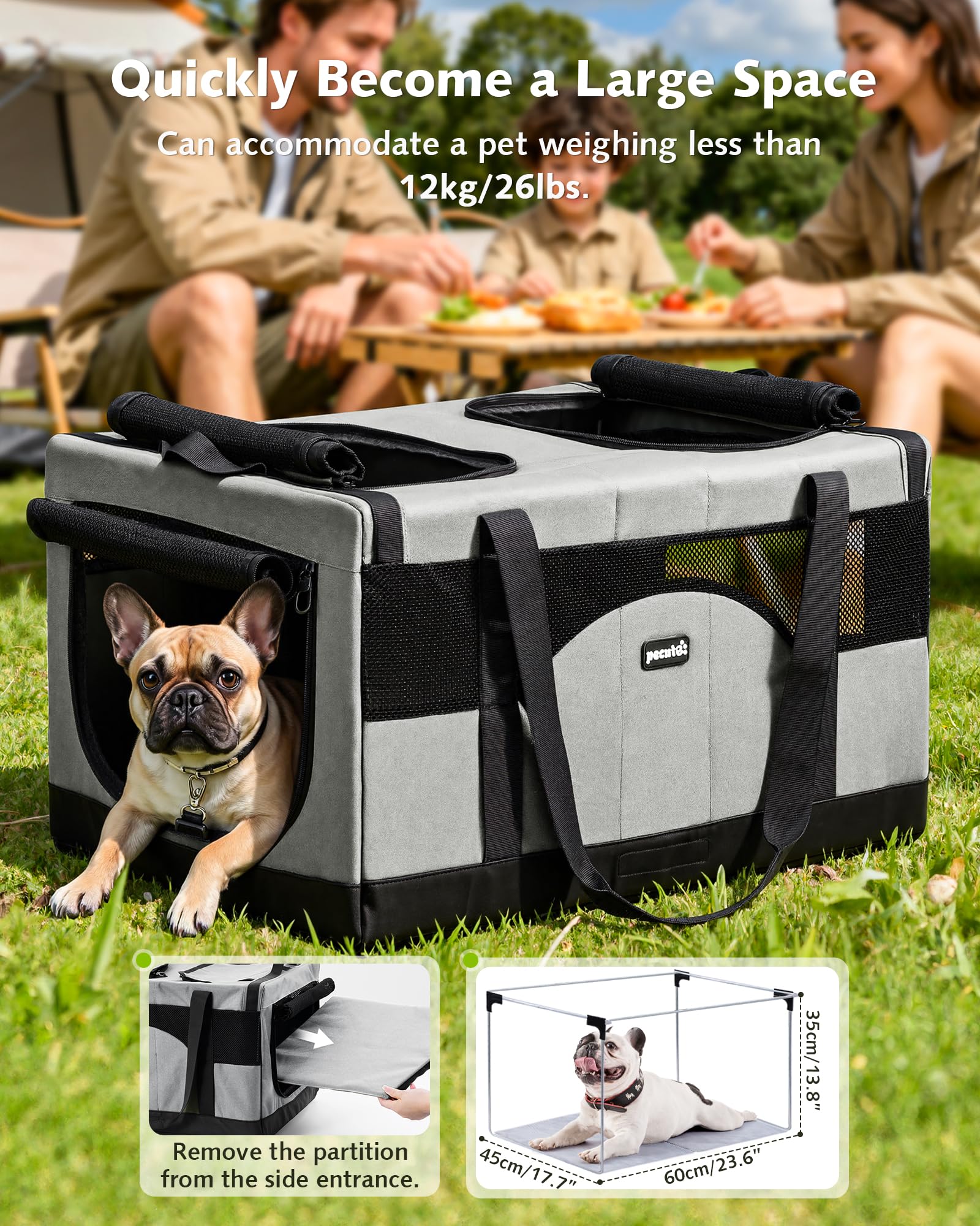 Pecute Transportín para Gatos con Doble Compartimento, ultraestable, Transpirable y Plegable, Ideal para Viajes, mudanzas y visitas al Veterinario, Gris