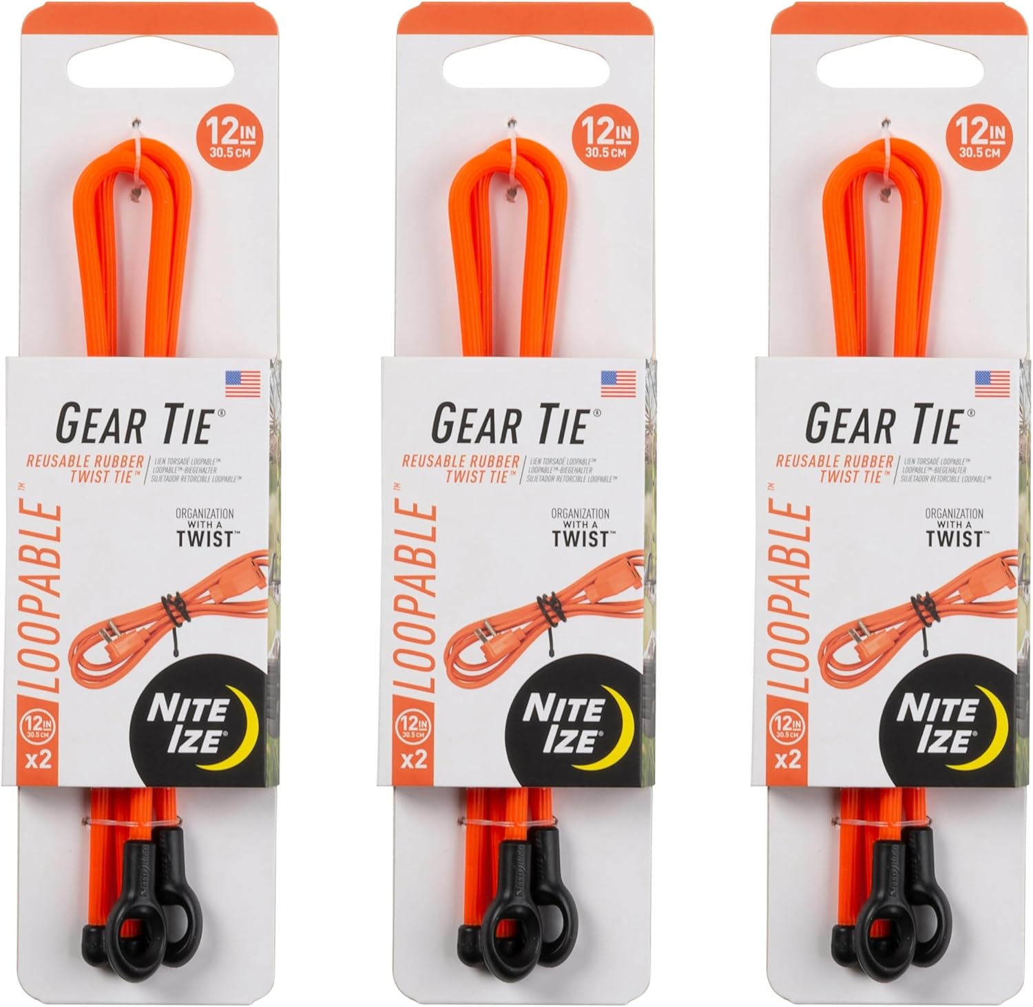 Nite Ize Gear Tie Loopable Twist Tie - Reusable & Flexible Twist Ties - Bendable Cable Ties for Gear & Cords - Loopable for Secure Fastening - 18", Neon Yellow (3 Pack)