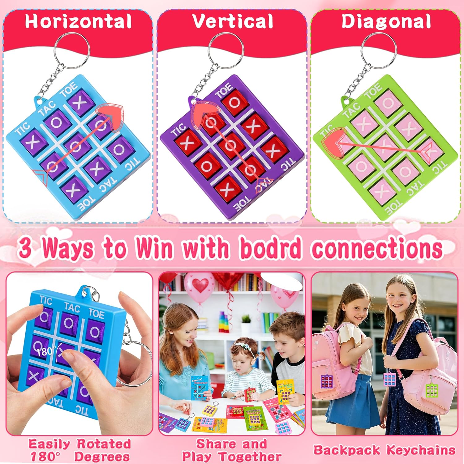 24 Pack Valentines Day Gifts for Kids Classroom Valentines Day Cards with Tic-Tac-Toe Game Keychains Valentines for Kids School Class Exchange Cards Valentines Party Favors Boys Girls Toddlers