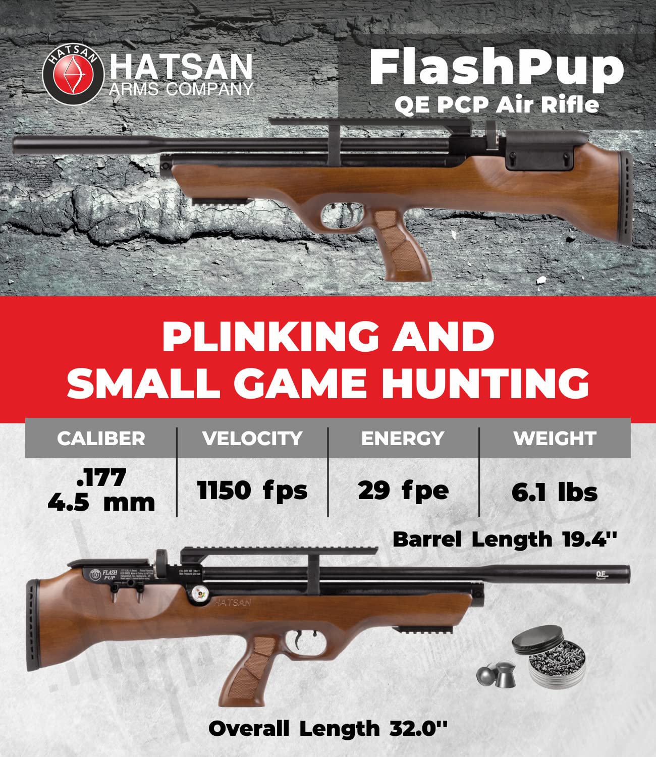 Wearable4U - Hatsan FlashPupQE .177 Cal Air Rifle with Included 100x Paper Targets and 500x .177cal Pellets Bundle