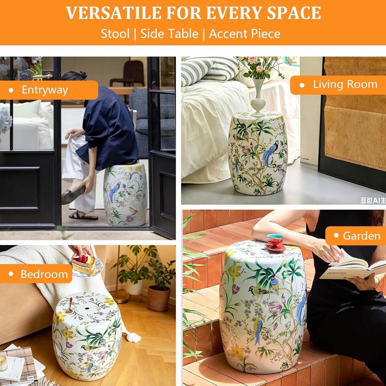 Decorative Ceramic Garden Stool,18" Hand-Painted Flower & Bird Ceramic Drum Garden Stool,Glazed Hand-Painted Drum Stool,Decorative Indoor and Outdoor Garden Stool,for Living Room, Bedroom(White)