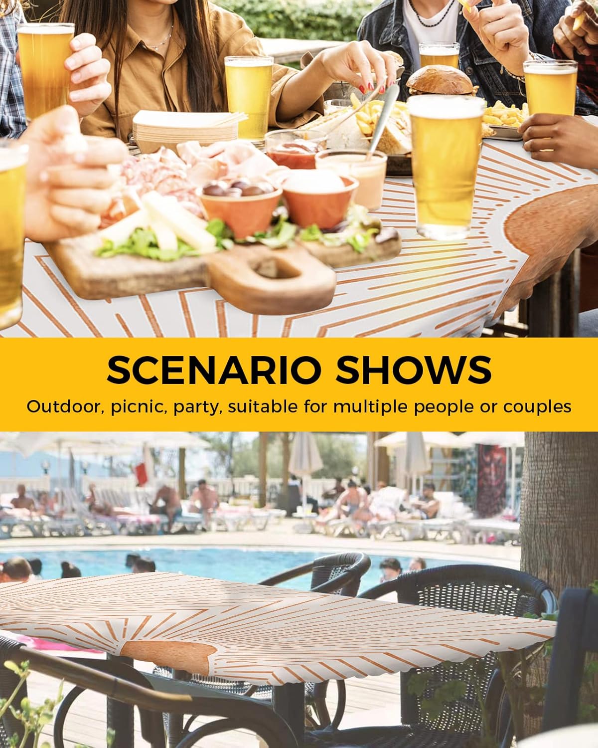 Mid Century Fitted Tablecloth Elastic Edge Table Cover Boho Orange Sun Aesthetic Striped Waterproof Outdoor Table Cloths Retro Beige Tablecloth for Holiday Party Banquet Events 5ft Tables Decor