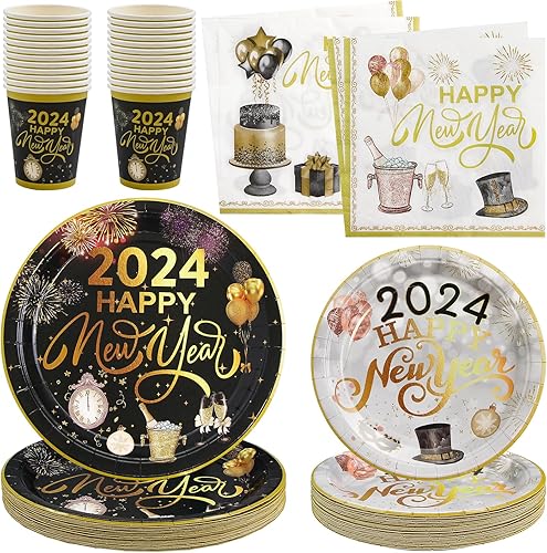 Miniatura 2 de Suministros para fiestas de Año Nuevo 2024, platos de papel desechables, servilletas, vasos, decoraciones de vajilla de oro negro para 24 invitados