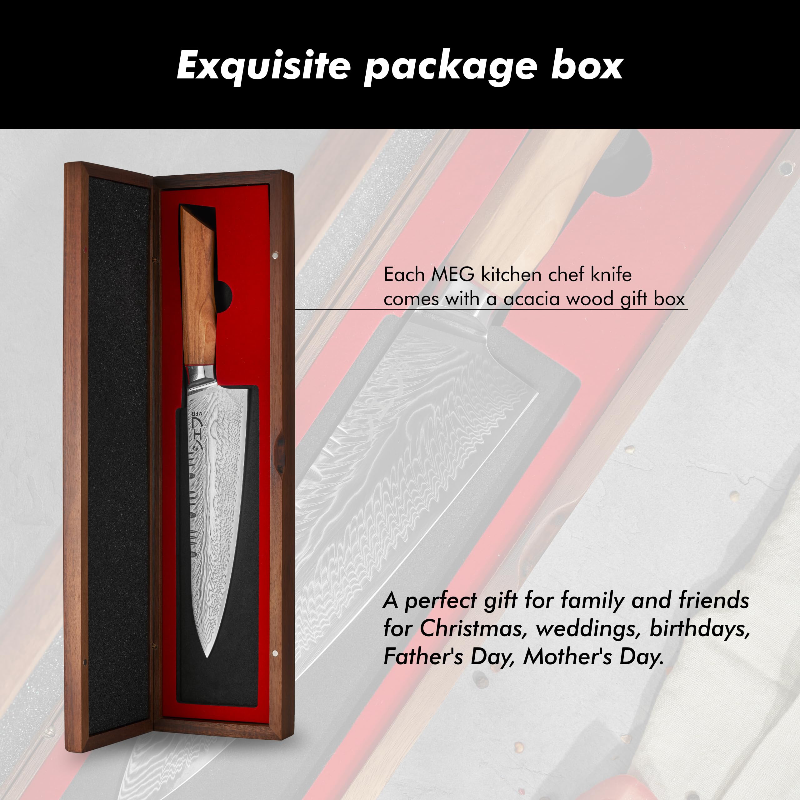MEG Cuchillo Chef Gyuto Japones, Damasco de 73 capas con patrón pluma – Acero Alto Carbono, Filo en V Profesional, Mango de madera de olivo y Caja de Madera de Acacia – Cuchillo de Cocina Premium
