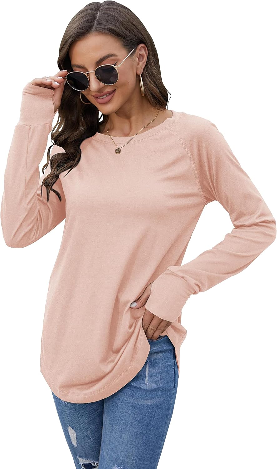 Fisoew Women's Casual Long Sleeve Tops Crew Neck Round Hem Loose T-Shirts Tunic Tops with Thumb Holes - Image 4
