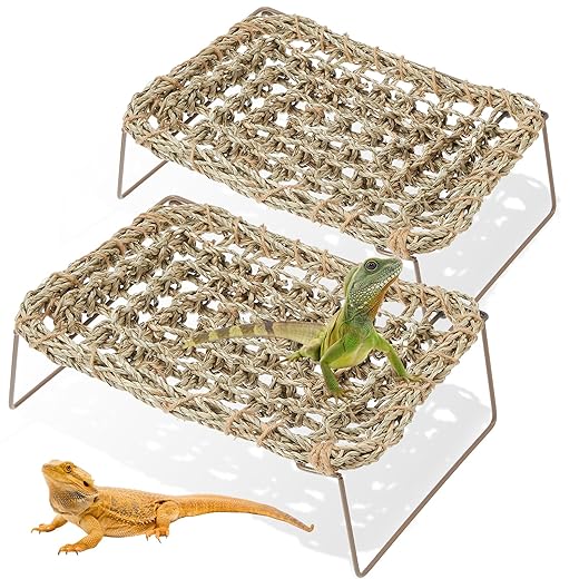 Soaoo 2 Pcs Lizard Lounger for Rest Rectangle Reptile Hammock Bed Grass Fibers Bearded Dragon Bed Gecko Climbing Accessories for Habitats Small Animals Guinea Pig Snake Iguana Amphibian Hermit Crab