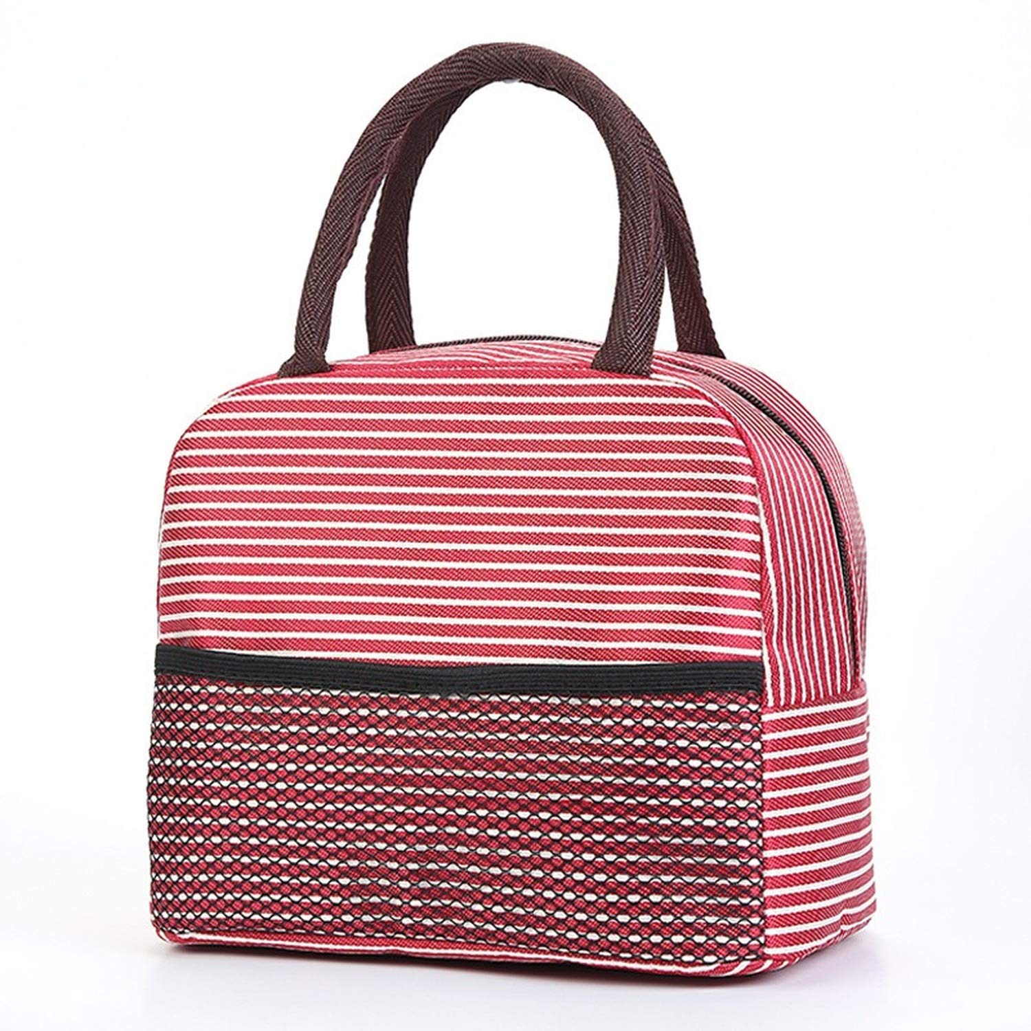 KHTO Oxford Lunch Bags Waterproof Nylon Cooler Bags Portable Zipper Thermal Organizer Convenient Lunch Box Reusable Tote Food Bags for Women (Red Stripe)