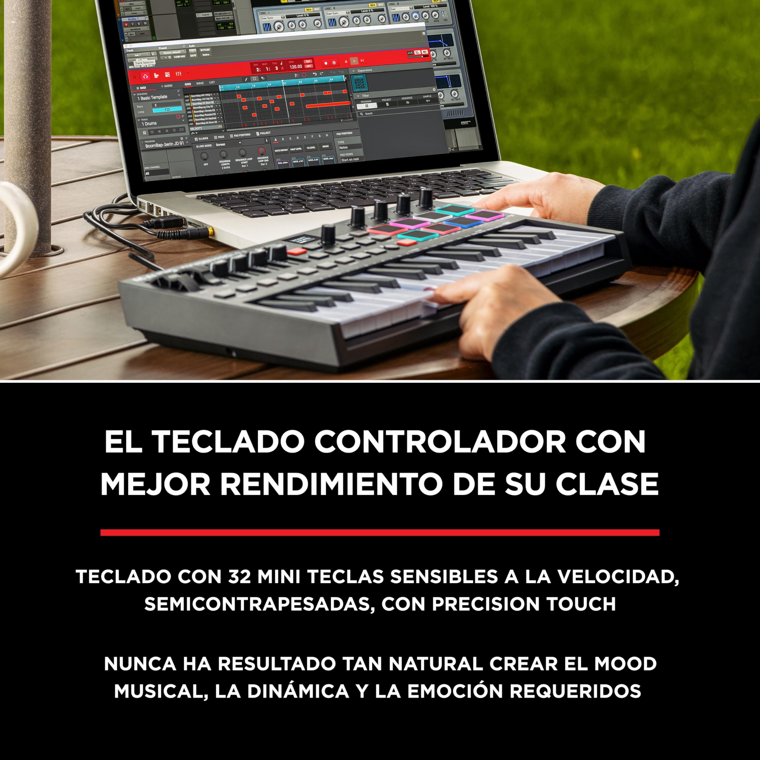 M-Audio Oxygen Pro Mini con auriculares HDH40 - Teclado controlador MIDI USB de 32 teclas con pads, perillas, botones y atenuadores asignables, software y auriculares de estudio