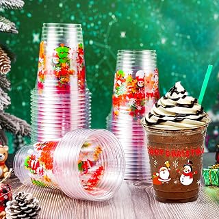 Mimorou 50 Count Christmas Disposable Plastic Cups 12 Oz Merry Christmas Clear Plastic Cups Santa Snowman Christmas Party Wedding Cups for Christmas Party Supplies Drinkware for Beer Beverage