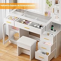 Vista 4 de BEWISHOME Tocador Grande de 49.2" con Espejo y Luces, Mesa de Maquillaje Blanca con Superficie de Vidrio, Taburete, Escritorio de Maquillaje