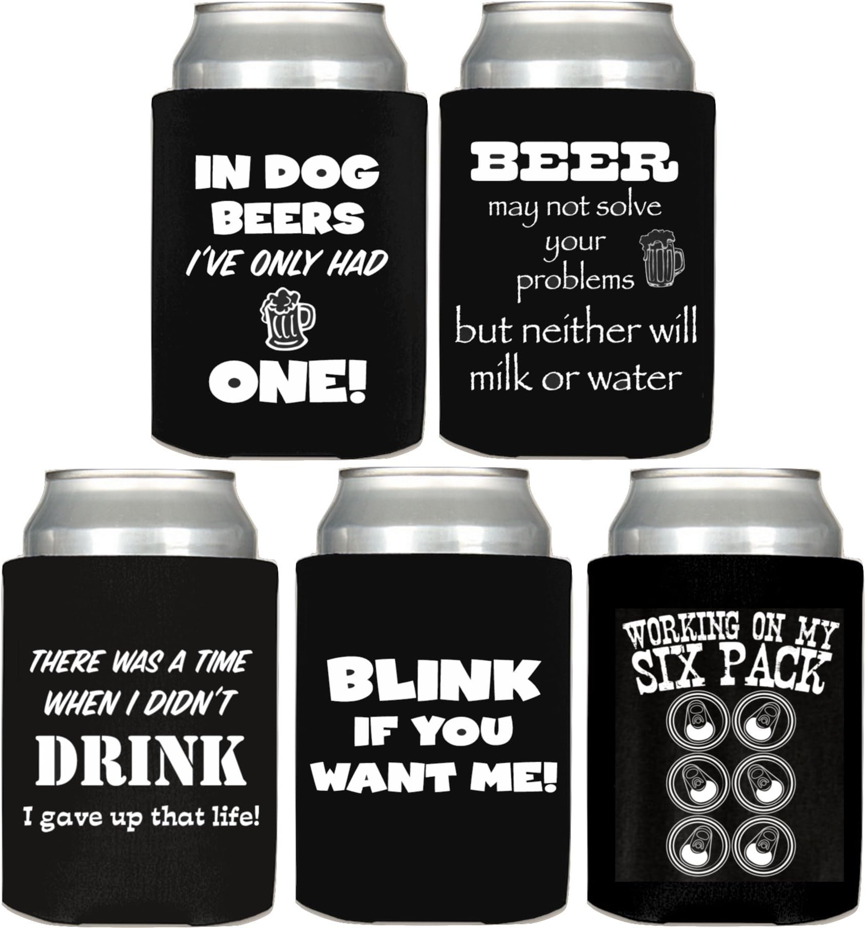 Funny Saying Beer Can Cooler 5 Pack Polyurethane Coolers with 5 Unique Quotes (Set 2)