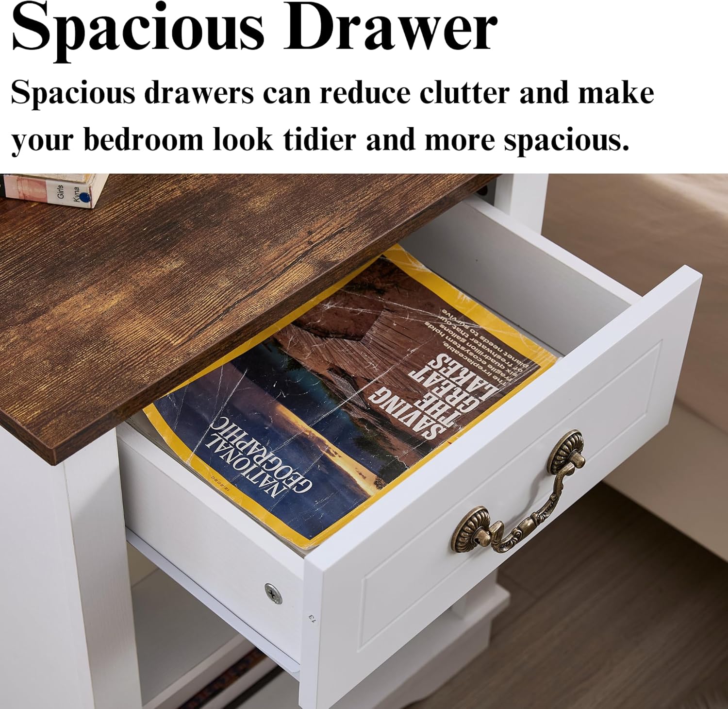 19" Farmhouse Nightstand Wooden Side Bedside Table with Drawer, Open Compartment, End Table with Optional Adjustable Shelf for Bedroom, Rustic White and Brown