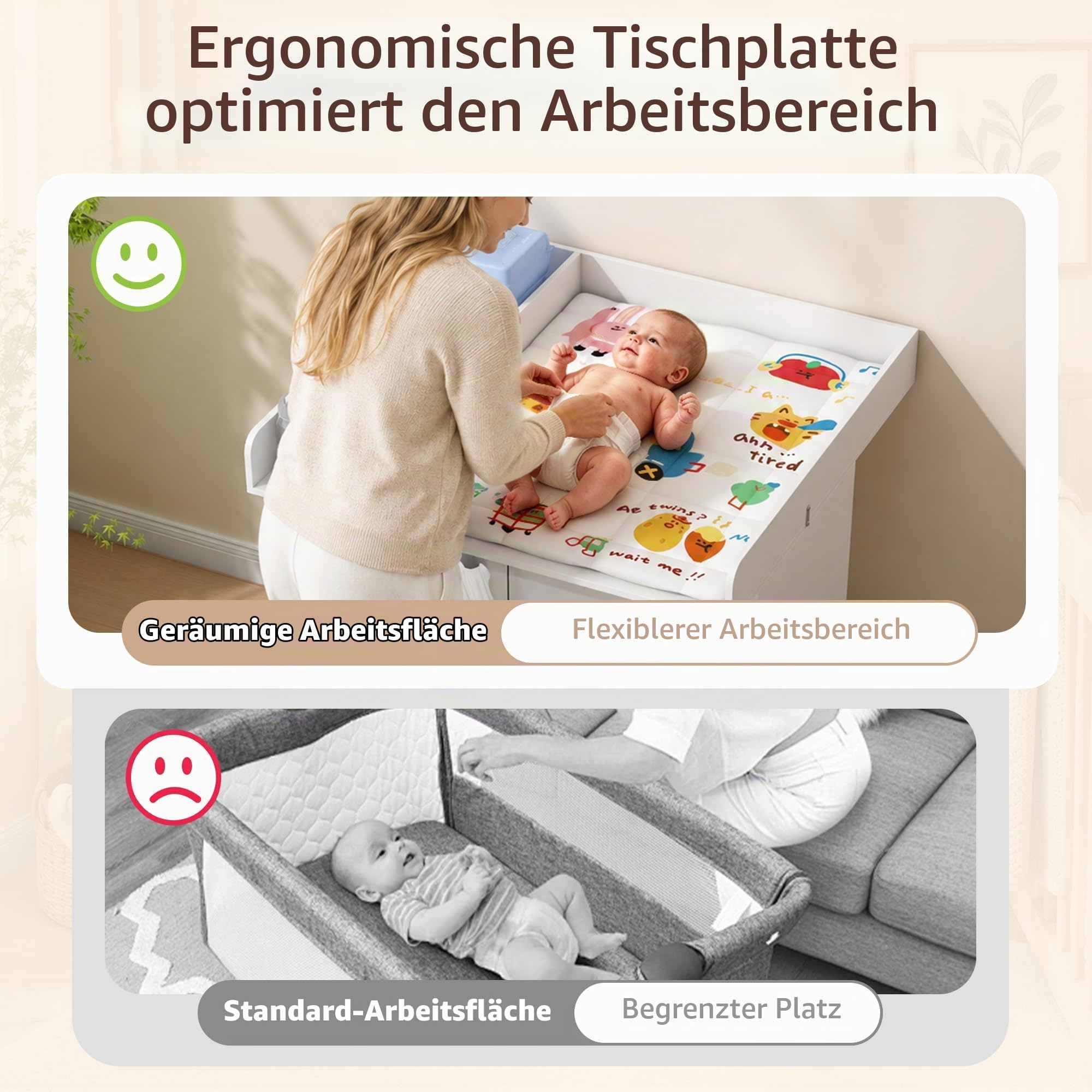 Wickelkommode mit Wickelaufsatz, Wickeltisch mit 3 Schubladen, Baby Kommode Abnehmbarem, Babyschrank 88cm Hoch Zum Schutz Der Lenden, Weiße Kinderkommode für Eltern Baby