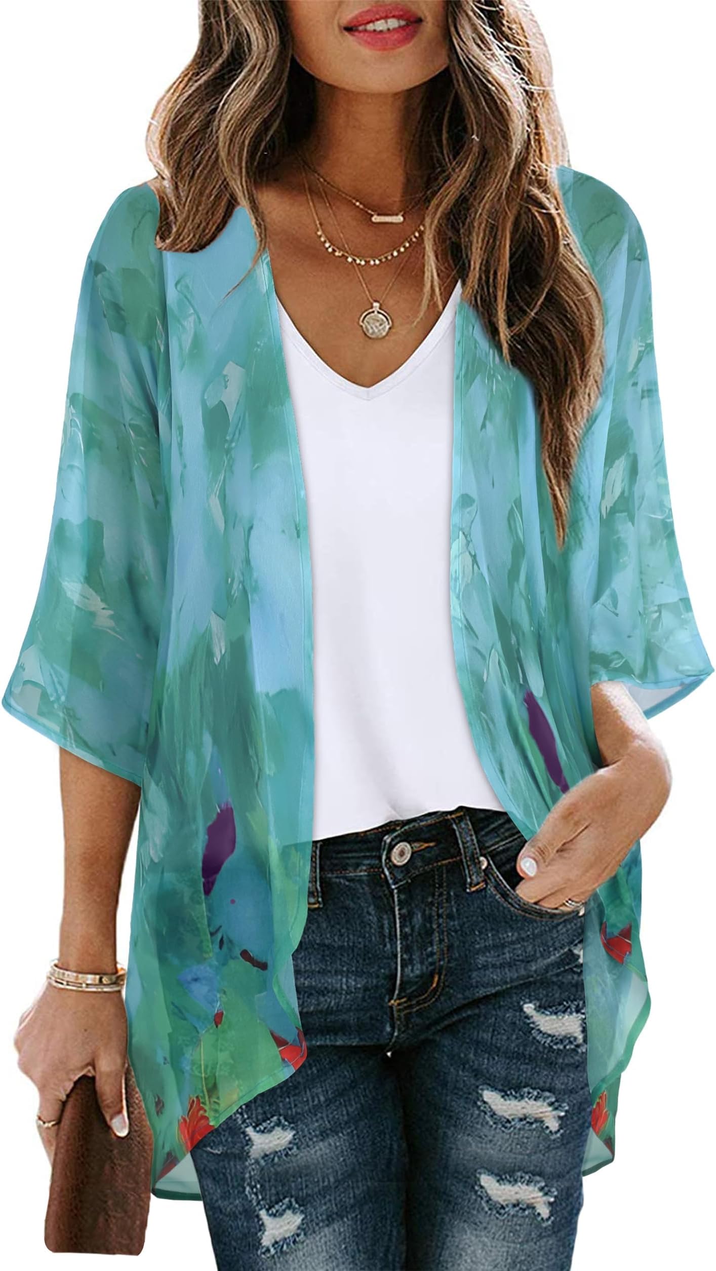 Women's Floral Print Puff Sleeve Kimono Cardigan Loose Cover Up Casual Blouse Tops 2026
