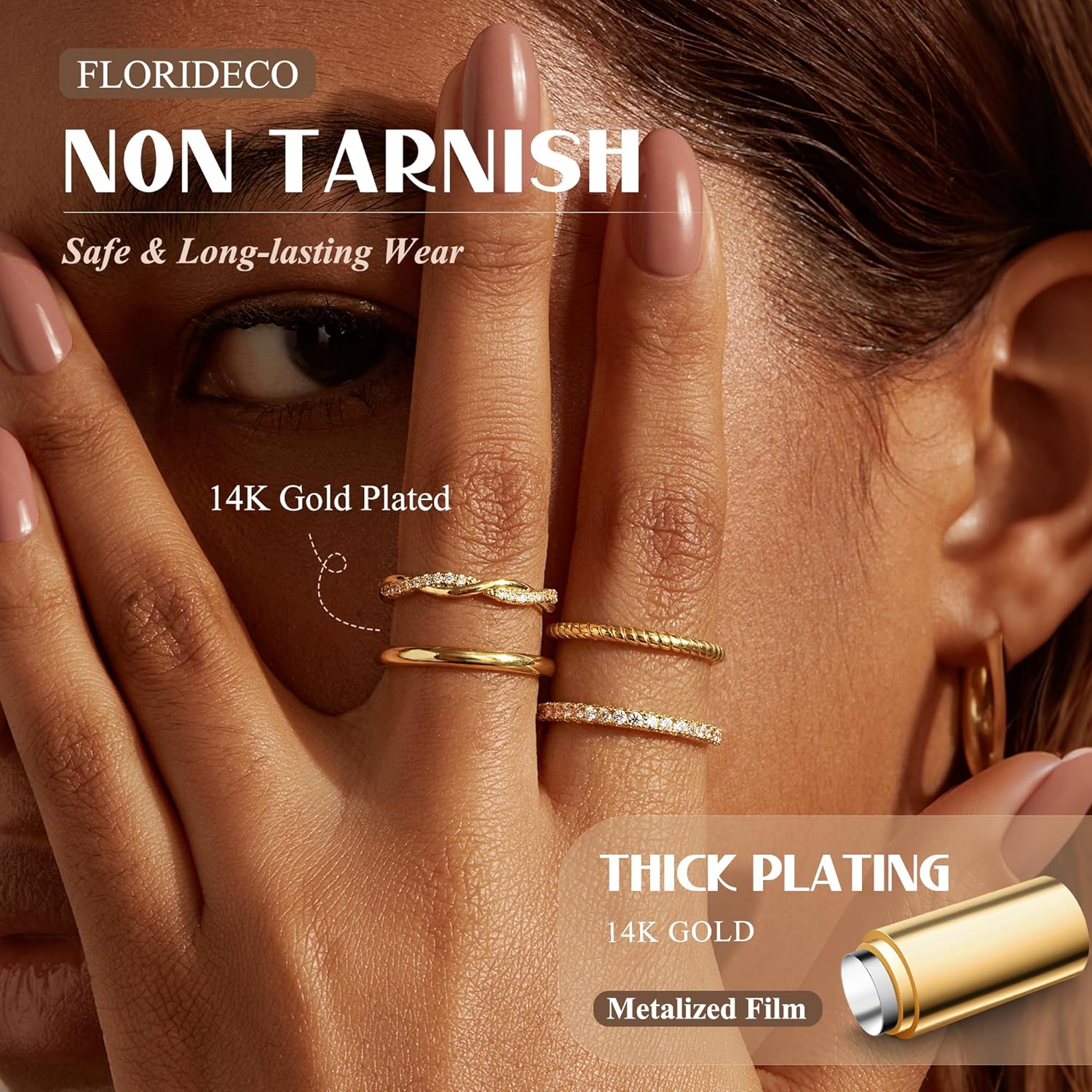 Florideco Stackable Rings for Women Non Tarnish Dainty 14K Gold Plated Stackable Thin Rings Cubic Zirconia Thumb Ring Set Trendy Statement Promise Wedding Bands Engagement Rings for Women Size 5-10 - Image 2