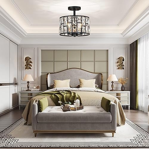 Miniatura 5 de MEXO Lámpara de techo redonda de cristal semiempotrada para montaje cerca del techo, pantalla de tambor, lámpara de techo 3LT para cocina, isla,