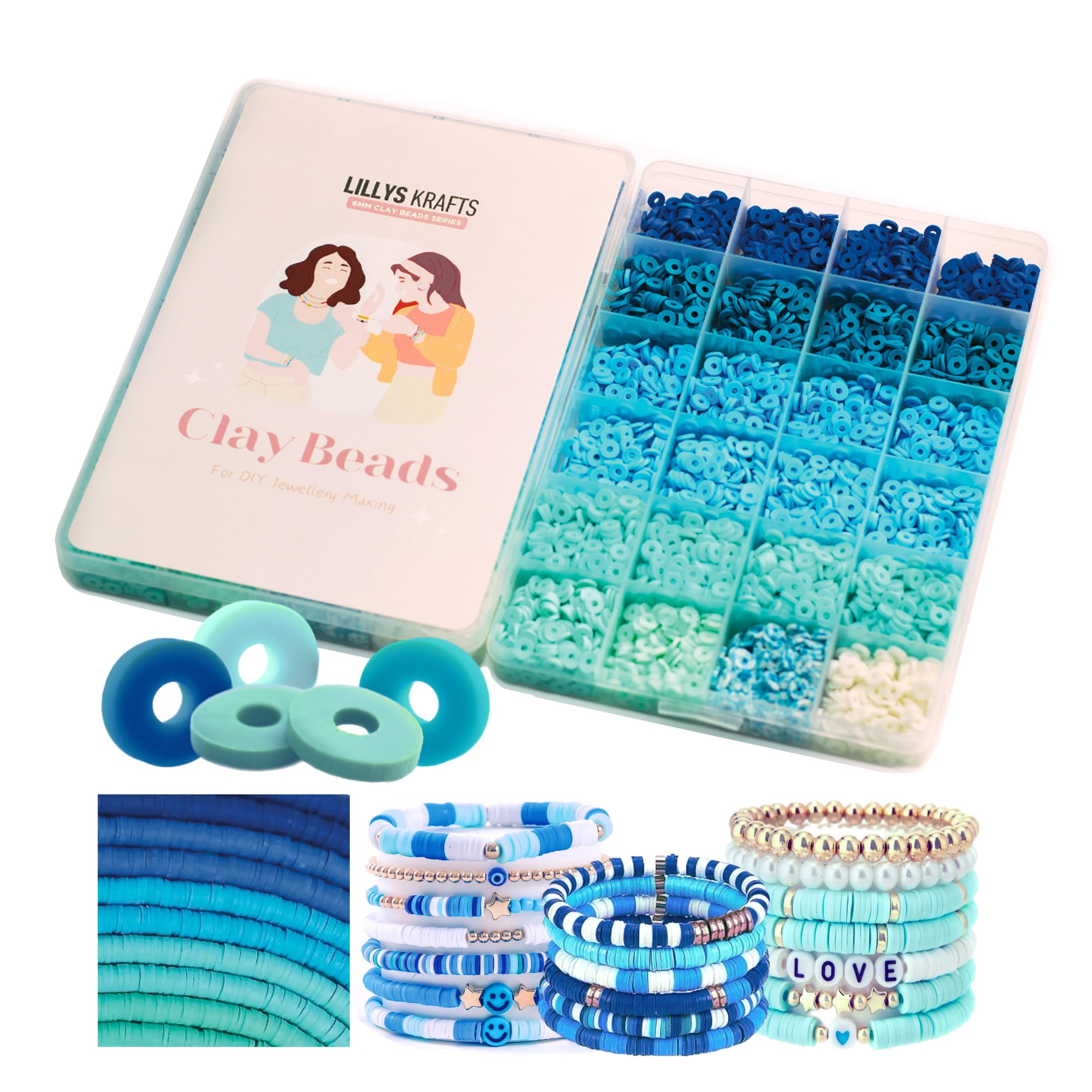 Preppy Premium Clay Beads Bracelet Making Kit, 6000 Pcs Blue Color with Elastic String, Flat Round Heishi, Friendship, 6mm Polymer for Jewelry Making