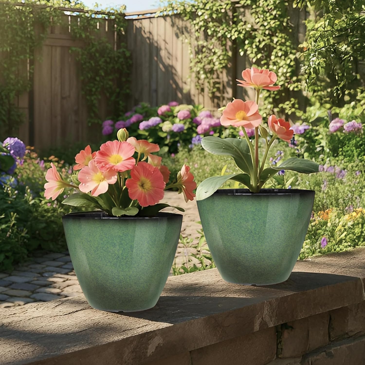 Vanslogreen 2 Pack Plant Pots for Indoor Outdoor Plants, 8 inch Plastic Flower Pots, Glazed Planter for Aloe, Herbs, Cactus (Green, 2pcs)