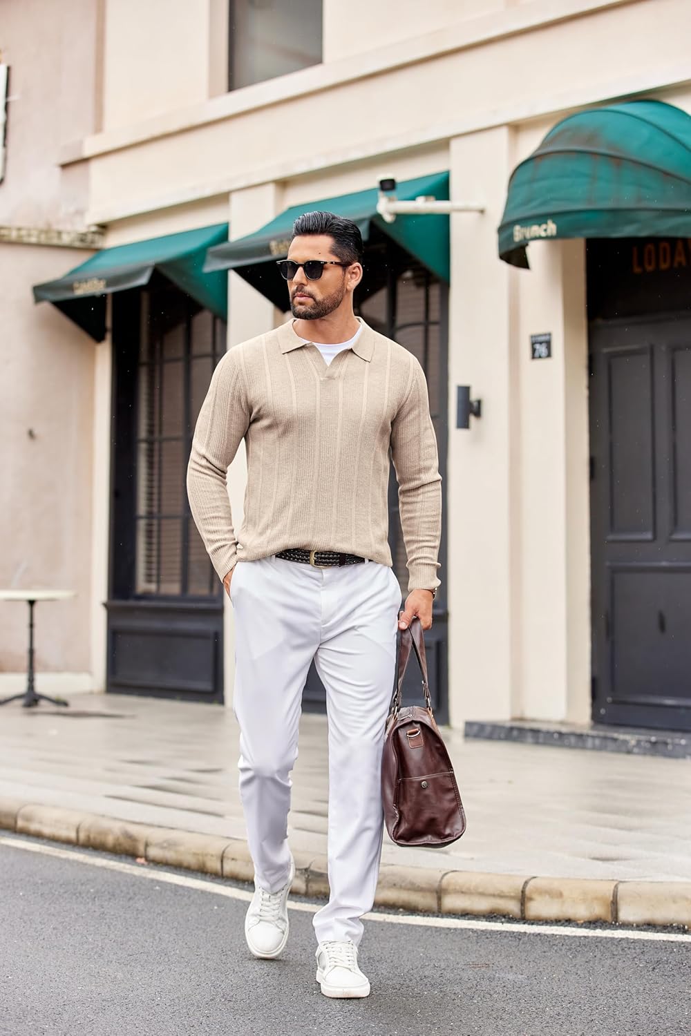 COOFANDY Mens Knit Long Sleeve Polo Shirt Casual Polo Collared Sweater V-Neck Textured Pullover - Image 4