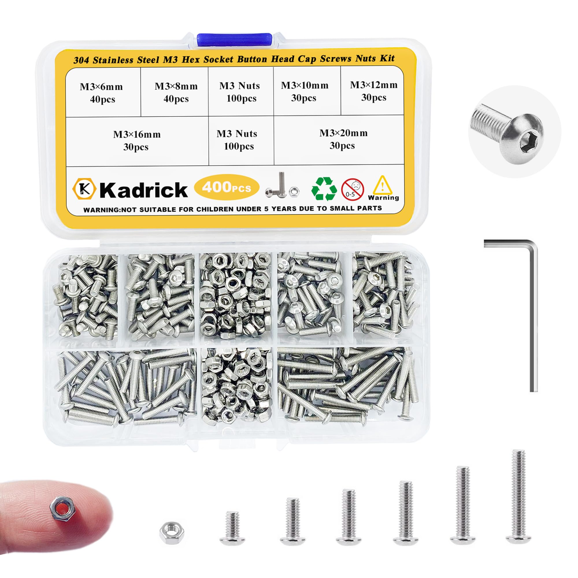 Kadrick 400 Pcs M3 Metric Screw Aassortment,6mm-20mm Common Size 304 Stainless Steel Hex Socket Button Head Cap Bolts Nuts Kit with 1 Hex Wrench (6mm-20mm 400pcs)