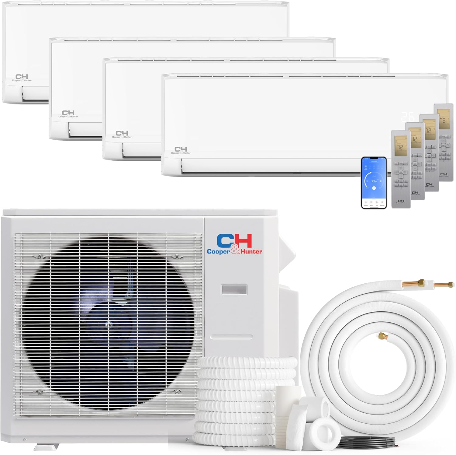 Cooper & Hunter 36,000 BTU Quad 4 Zone 9K + 9K + 12K + 12K Wall Mount Ductless Mini Split AC & Heat Pump – Smart Kits & 25FT Installation Kits – 24 SEER2 Inverter System - Pre-Charged