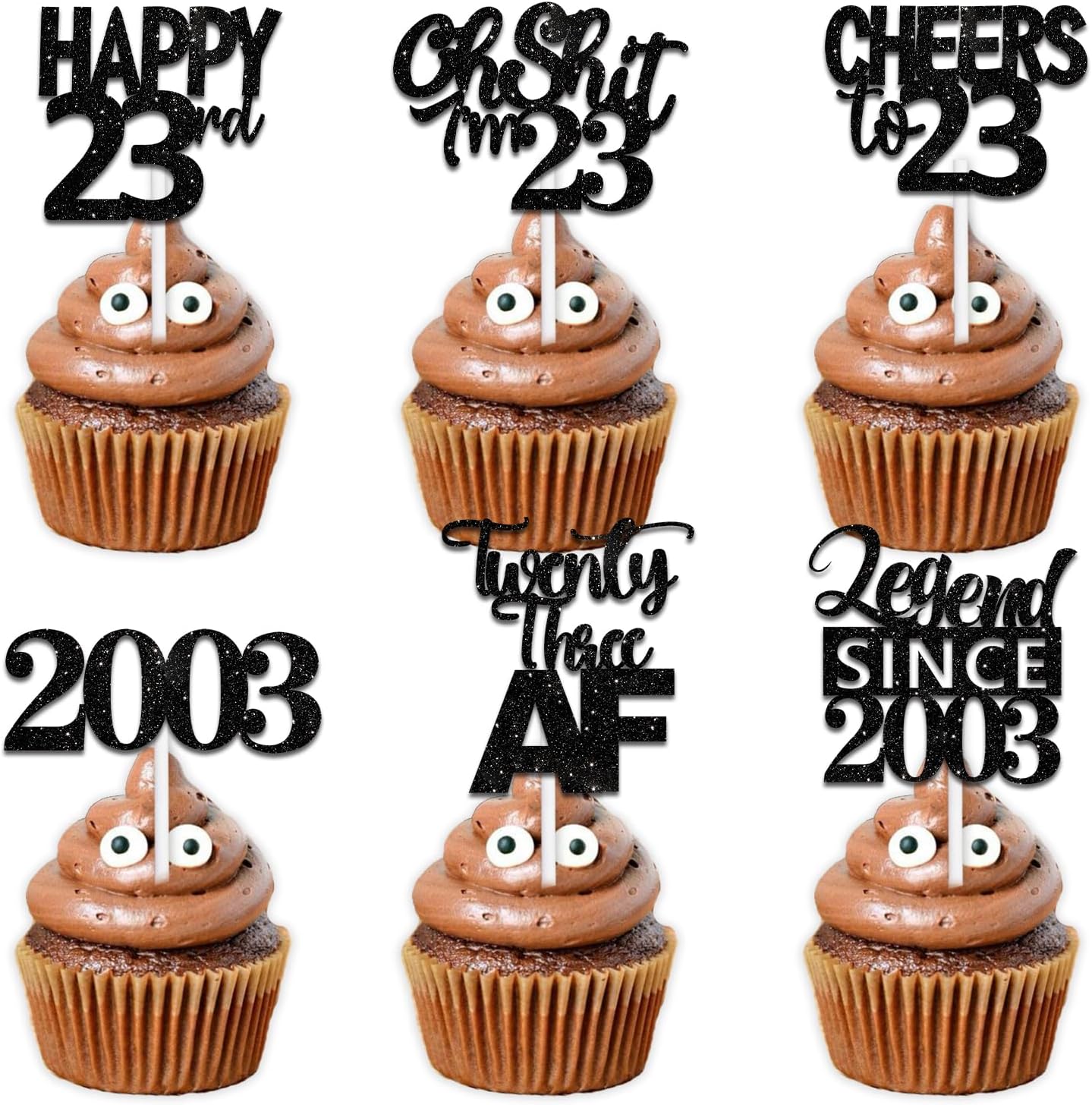 18pcs Black Glitter Happy 23rd Dessert Cupcake Topper Pick for Funny Legend Since 2003 Theme Decor Supplies Men Women Happy 23 Birthday Party Decoration image 2