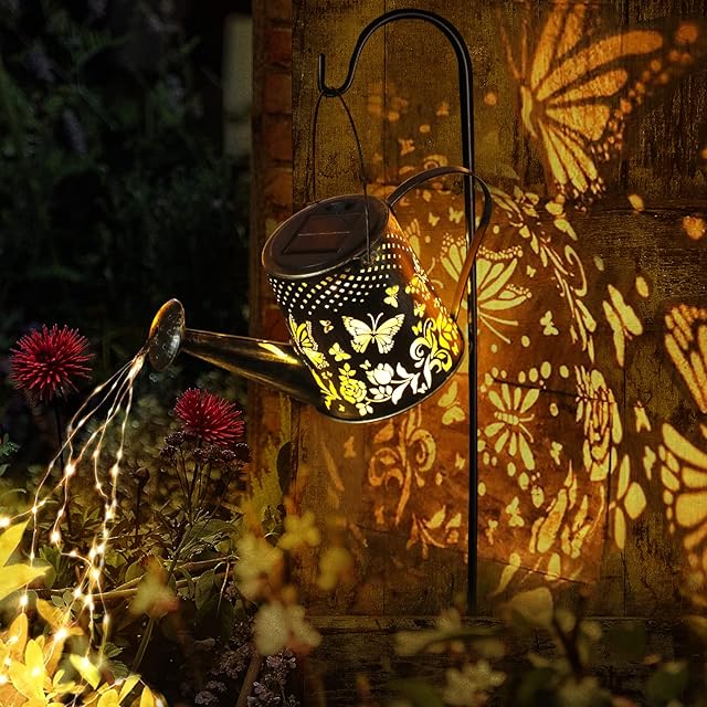 FIMAGO Watering Can with Lights, Solar Lights Outdoor Butterfly Art Garden Decor Hanging Solar Lanterns, Metal Waterproof for Walkway Yard Pathway Patio Table