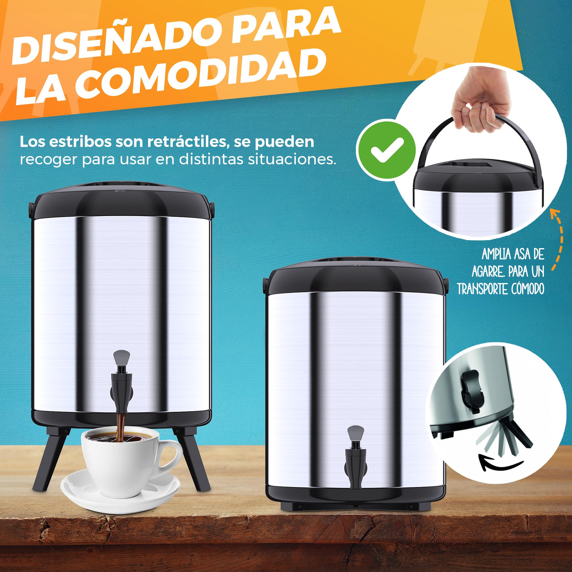 Termo Grande - Termo Contenedor 6L Portátil - Dispensador de Bebidas Térmico con Grifo - Dispensador Bebidas Frías/Calientes, Agua, Café - Para Catering, Hoteles, Eventos o Reuniones - Acero Inox