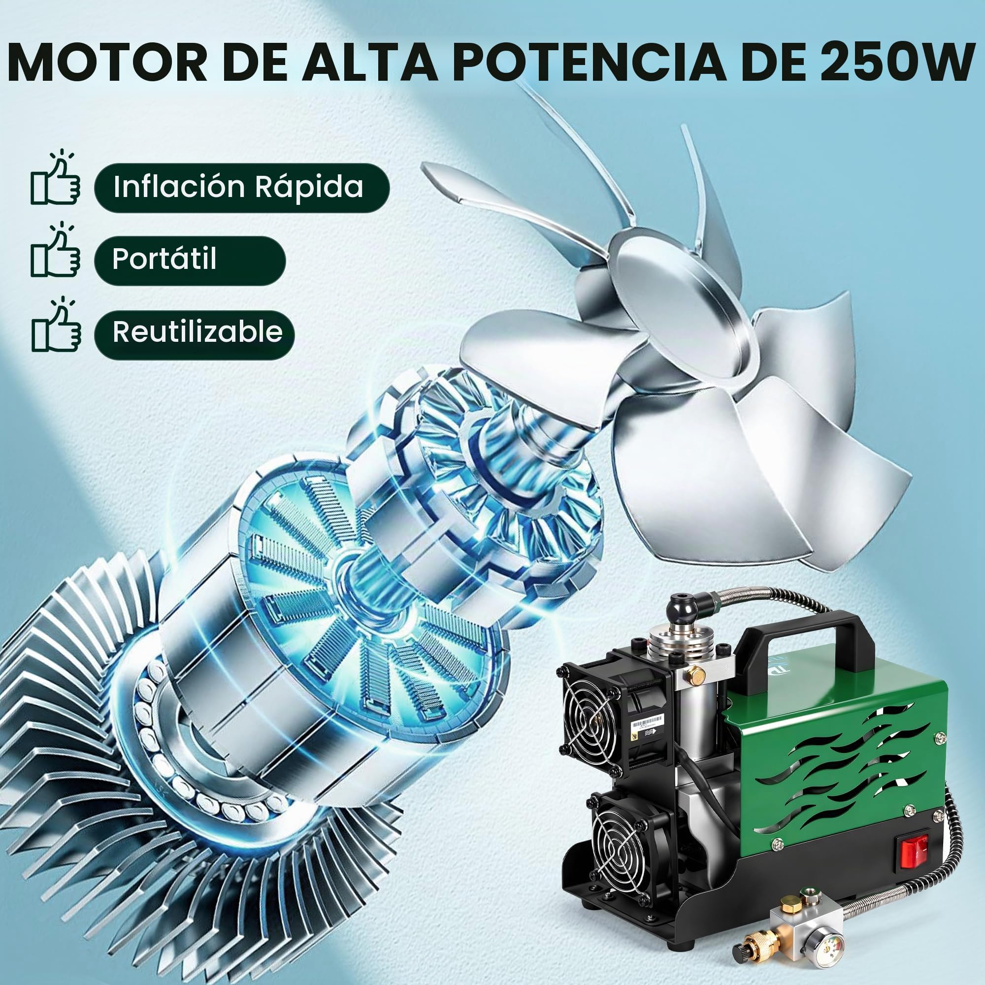 TUDIVING - Compresor de aire PCP portátil | 12 V CC/220 V CA | Inflado rápido | Ligero | Fácil de transportar | Para paintball, rifle de aire comprimido y tanque de buceo