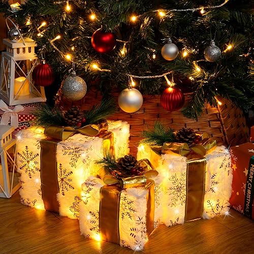 Miniatura 10 de Juego de 4 cajas de regalo iluminadas, 3.3 pies, 70 luces LED, apilables, cajas de regalo para decoraciones de Navidad, interiores y exteriores,