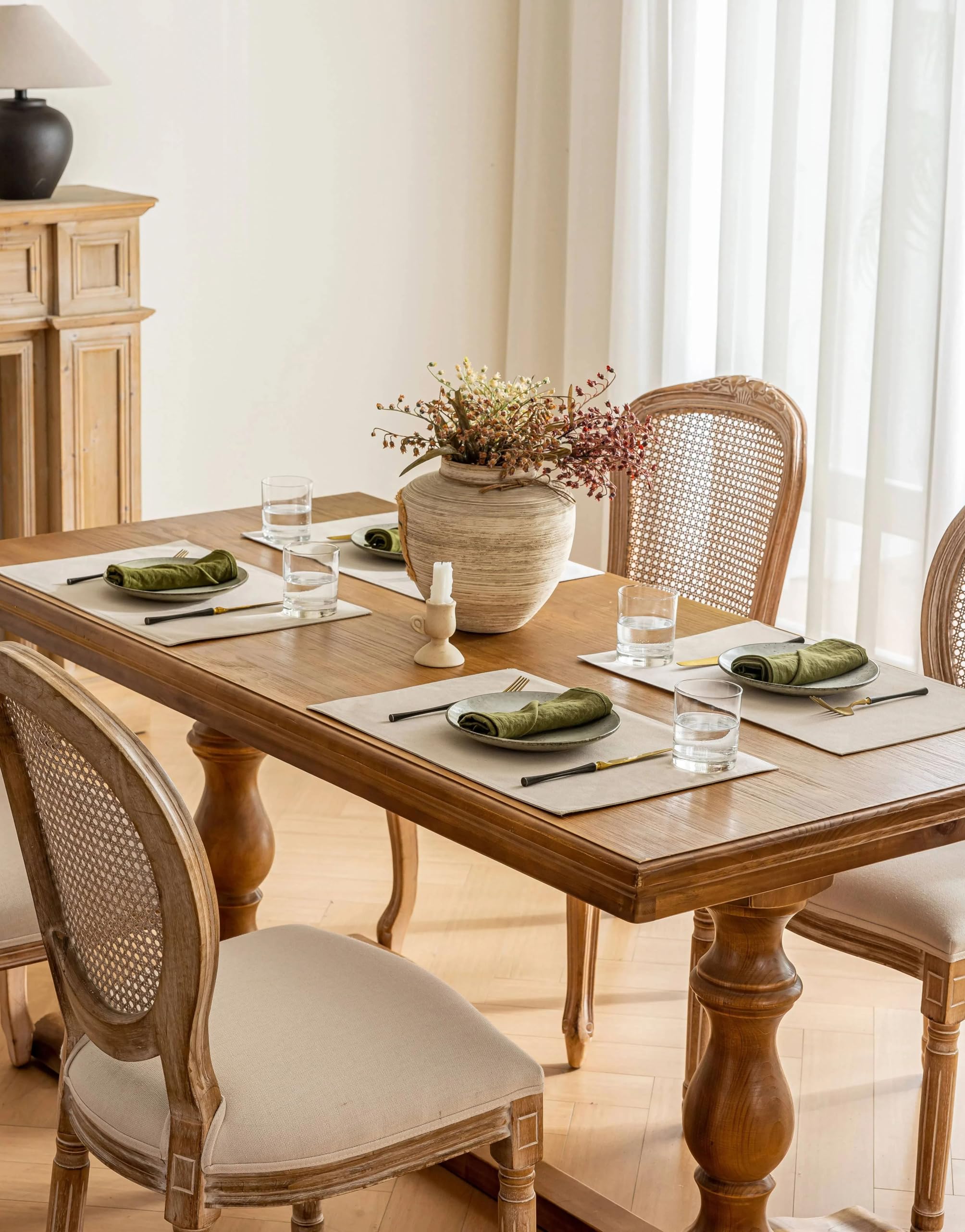 Juego de 4 manteles individuales de tela de lino para mesa de comedor, color beige, neutro, bohemio, para cocina, lavables, repelentes al agua, 12 x 18 pulgadas