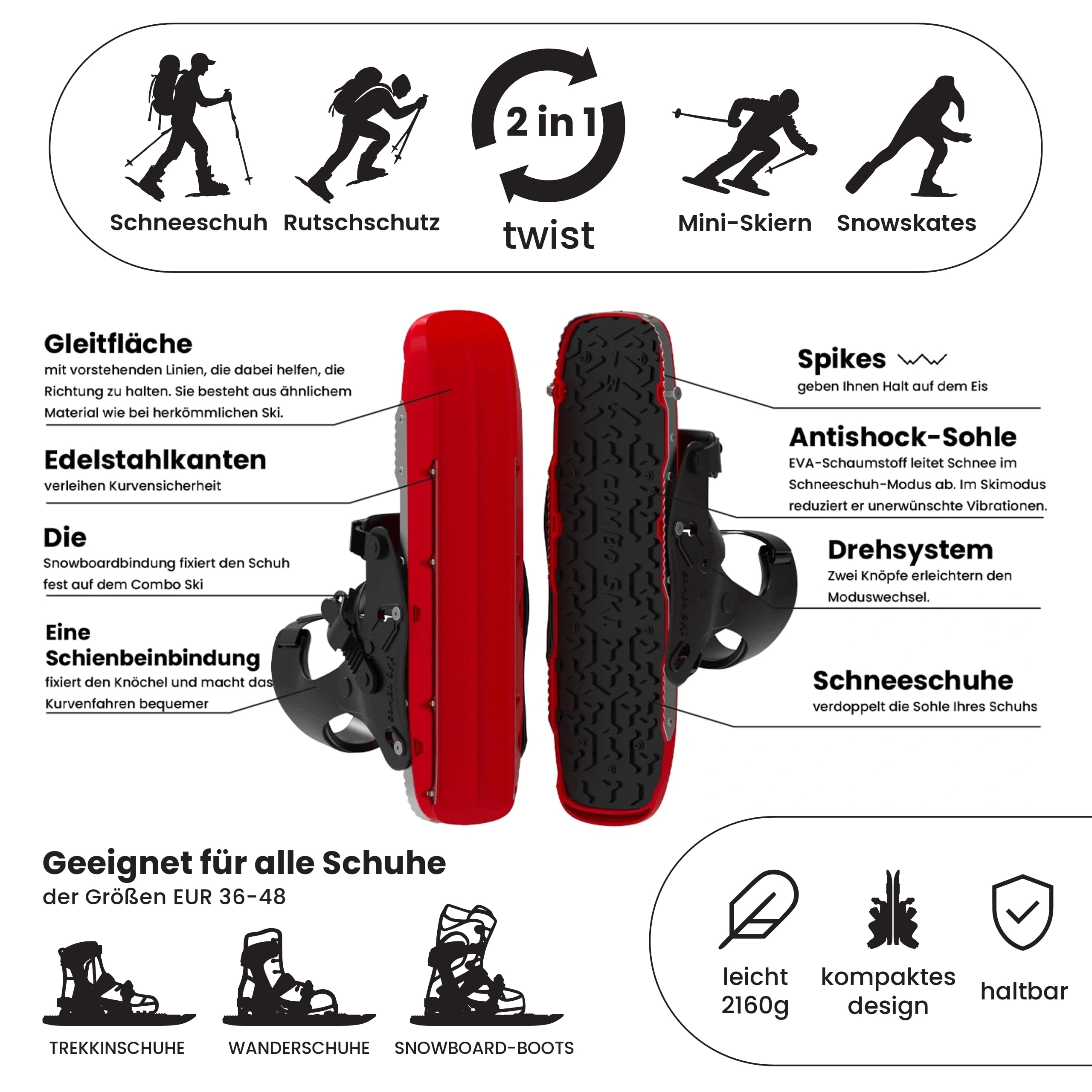 Raquettes à neige légères 2 en 1 - Pour homme et femme - Pointure 36-48 - Convient pour le ski, le traçage, l'escalade pour l'hiver sur glace et neige