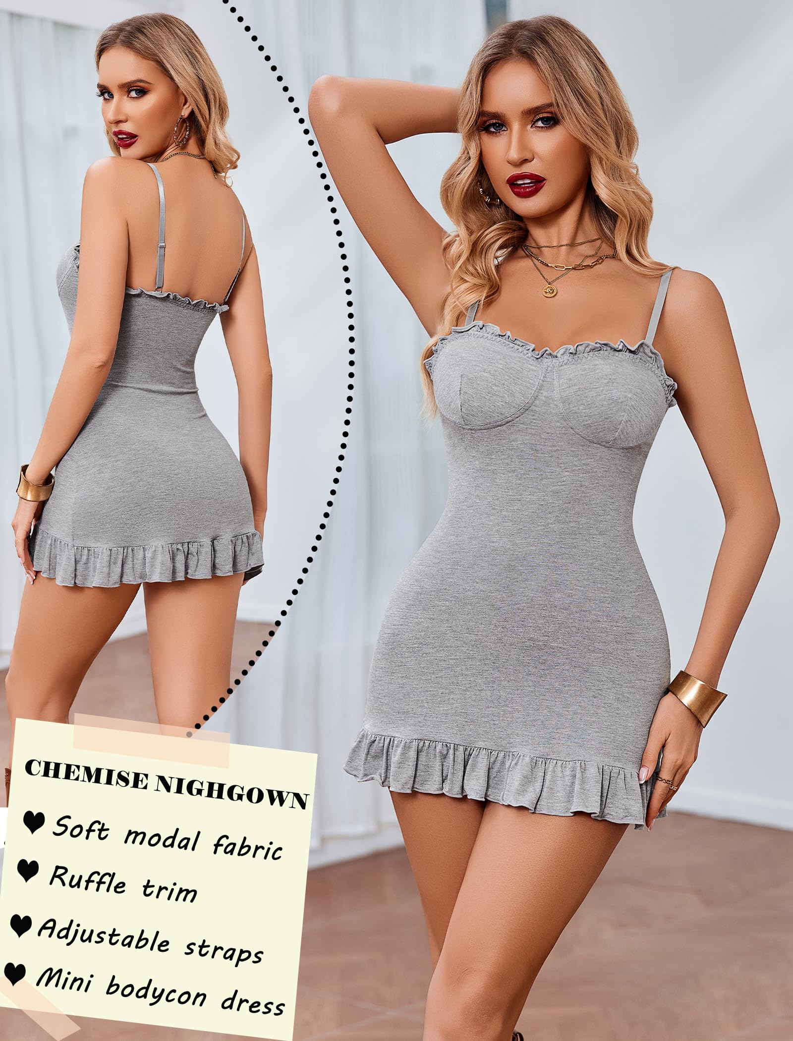 Avidlove Lingerie for Women Sexy Nightgown Babydoll Sleepwear Dress Ruffle Full Slip Modal Bodycon Chemise Nighties S-XXL: Grey XX-Large
