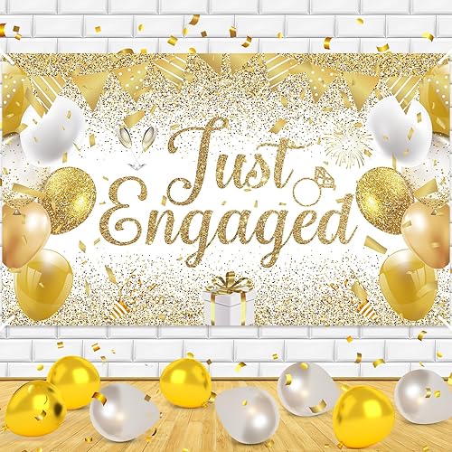 Miniatura 1 de Decoración de fiesta de compromiso dorada, pancarta de oro blanco con texto en inglés "Just Engaged", pancarta de compromiso de oro blanco, telón de