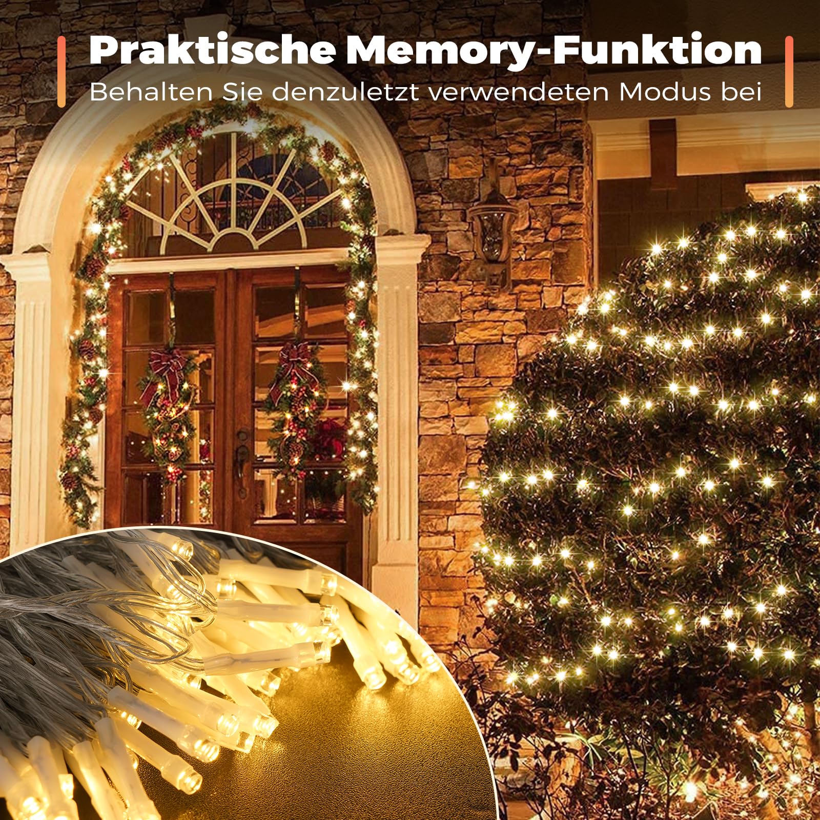 Guirlande LED Extérieure 20 Mètres 200 LEDs – IP44 étanche, Télécommande – Pour Jardin, Noël, Mariage