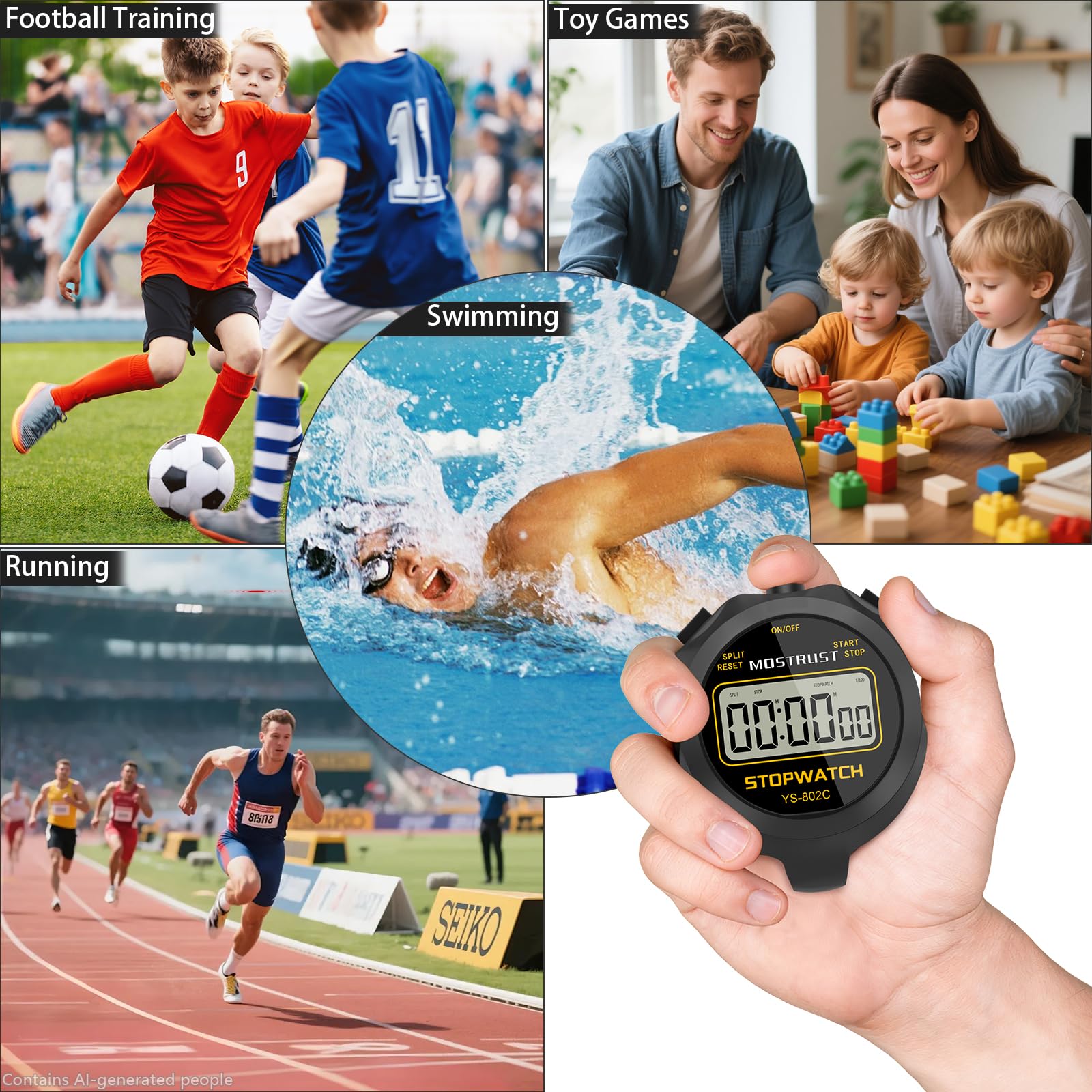 Cronometro digitale semplice, cronometro basico a giro singolo, senza campane, senza orologio, senza allarme, silenzioso, on/off, con cordino, per nuoto, corsa, sport, allenamento, allenatori