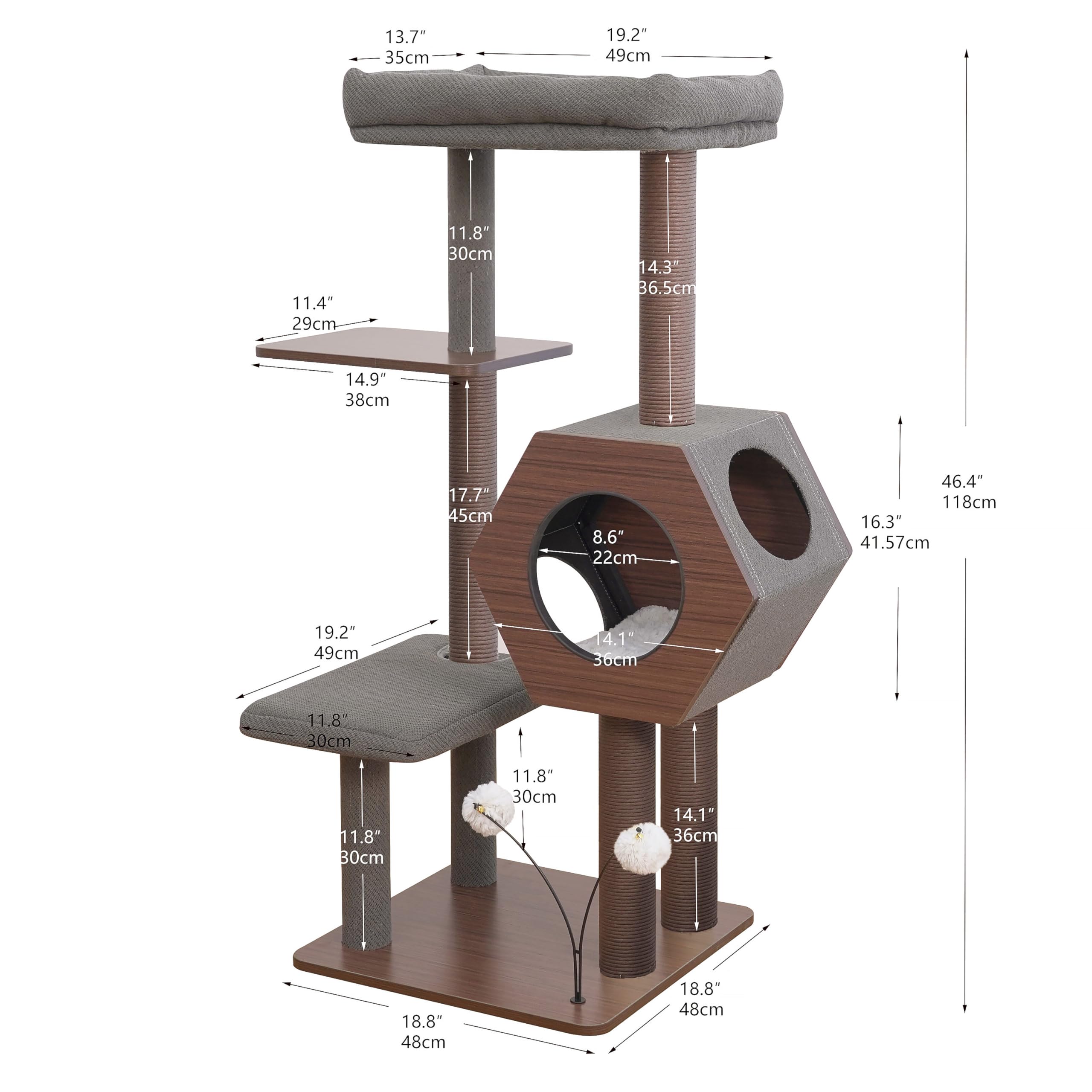 PetPals 5-Level 46.4” Mid-Century Modern Cat Tree with Hexagon Condo, Replaceable Recycled Paper Rope Scratchers, Washable Bed&Toys, Quick Assembly, Ideal for Medium Cats,Dark Brown - image 3
