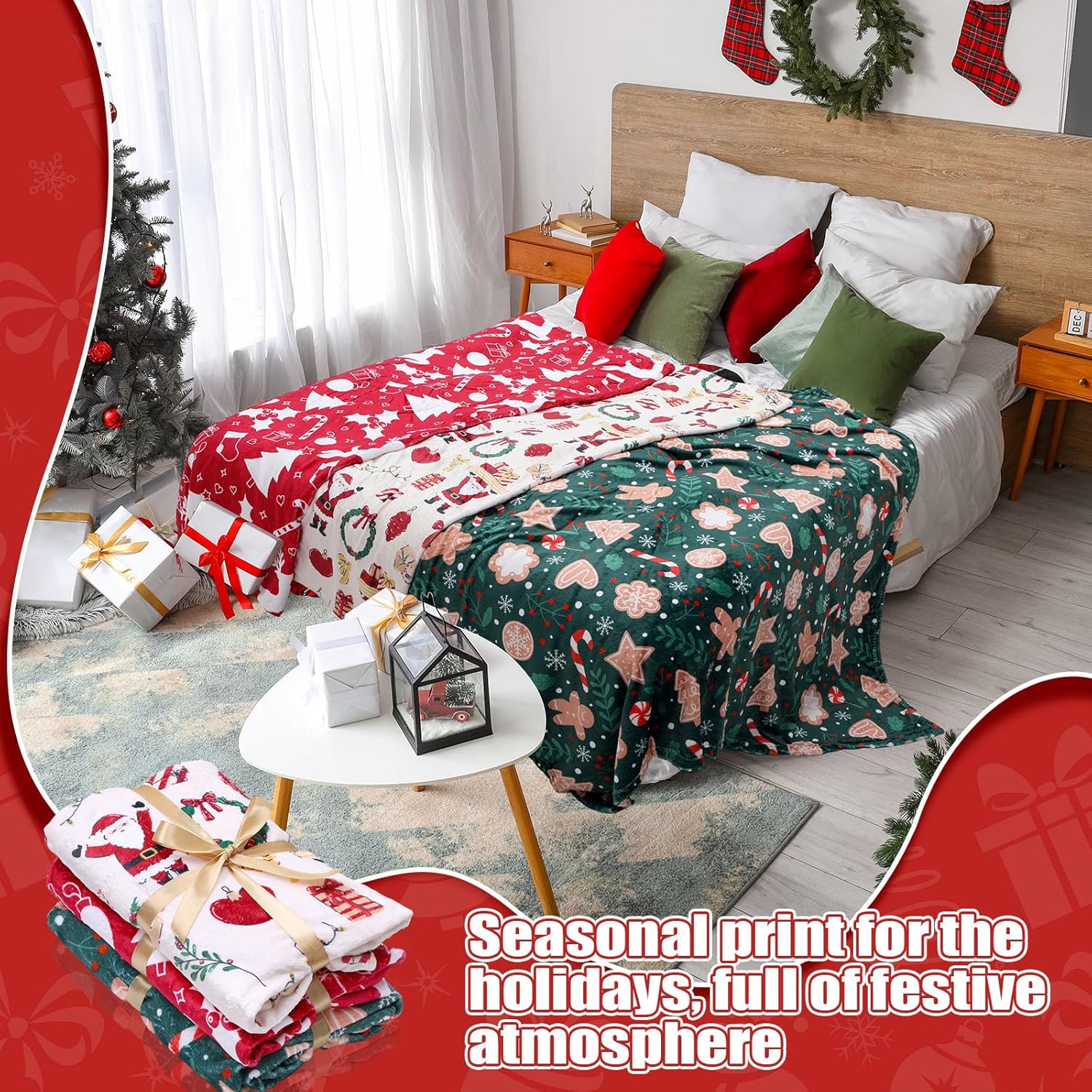 Frienda 3 Pcs Christmas Throw Blanket 50" x 60" Sherpa Fleece Flannel Plush Throw Warm Blanket Soft for Bed Sofa Car Couch Cozy Xmas Winter Decoration(Classic Style)