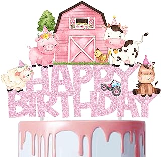 Pink Farm Animal Cake Topper Farm Animals Party Cake Topper Farm Animals Birthday Party Decoration Cow Birthday Cake Decoration for Farm Theme Baby Shower Supplies